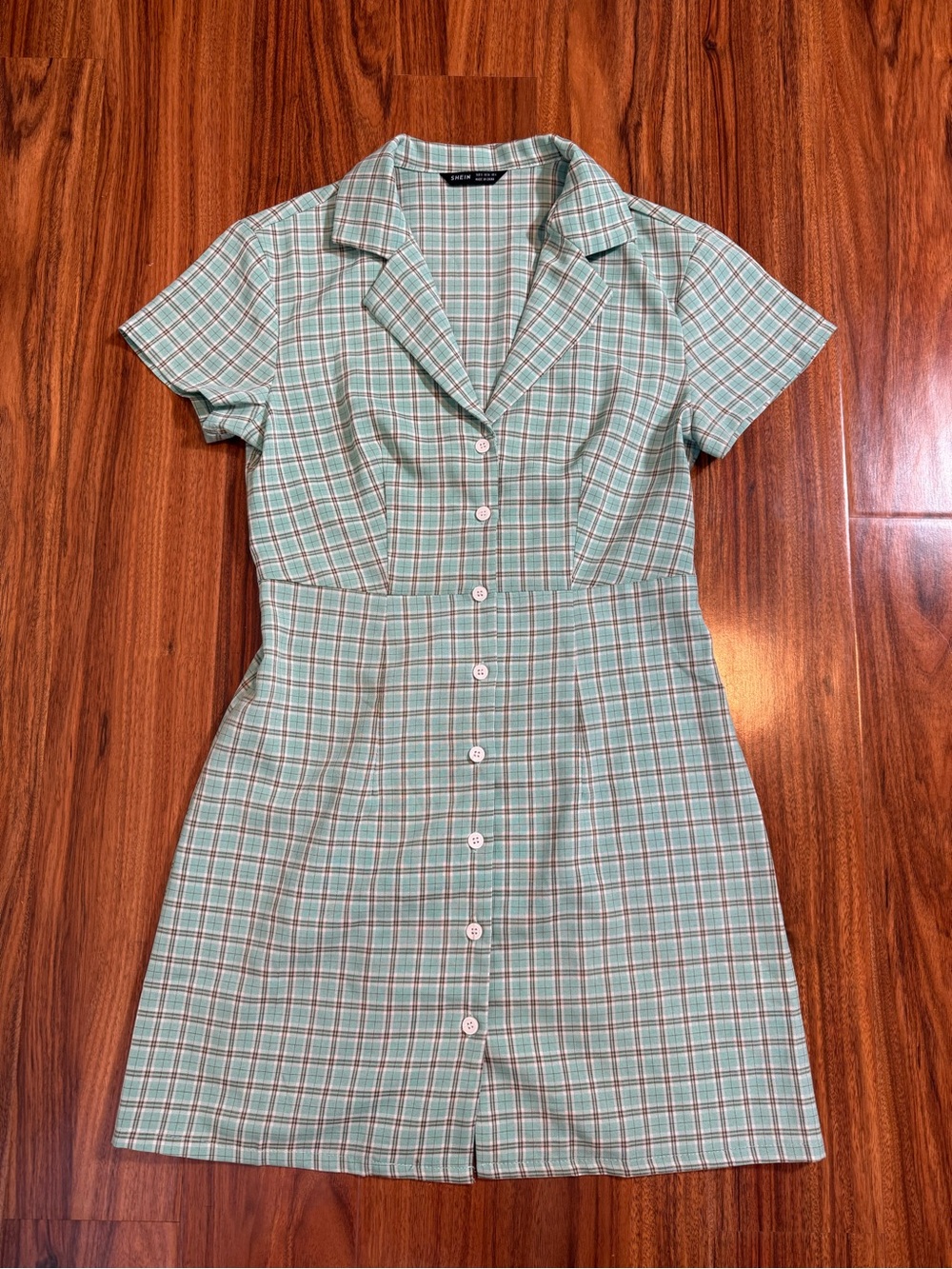 SHEIN  Women's Plaid Short Sleeve Button Front Shirt Dress Mint Green - Size S